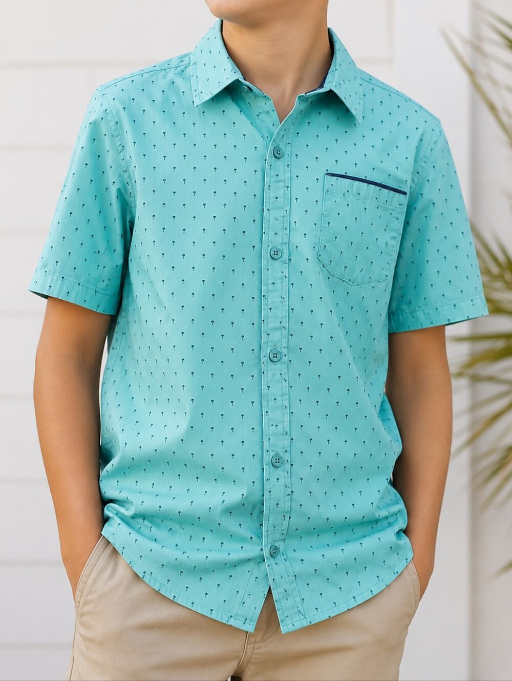 Craft+Flow Voyage Boys Mint Palm Print Button-Down Shirt (Size 10/12)